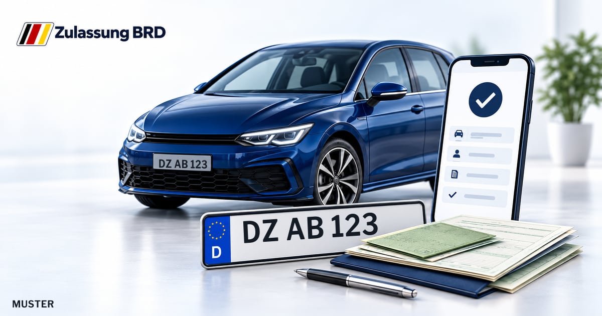 Online Fahrzeugzulassung in Eilenburg: Musterkennzeichen DZ AB 123, Auto und Fahrzeugpapiere und Smartphone. Illustration mit Logo von Zulassung BRD.